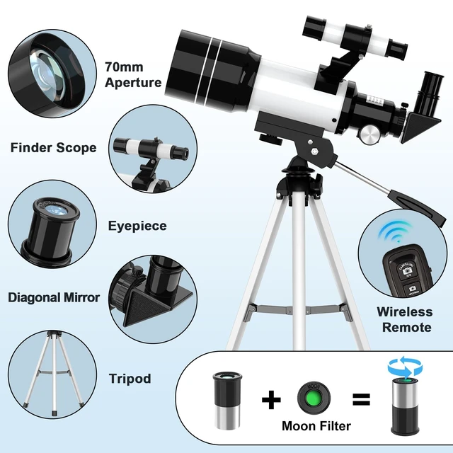Alt view image 6 of 7 - Telescope for Kids, 70MM Aperture Telescopes for Adults (15X-150X) with FMC Optics, 300MM Astronomical Refractor Telescope for Beginners with Phone Adapter, Portable Astronomy Gifts for Moon and Star