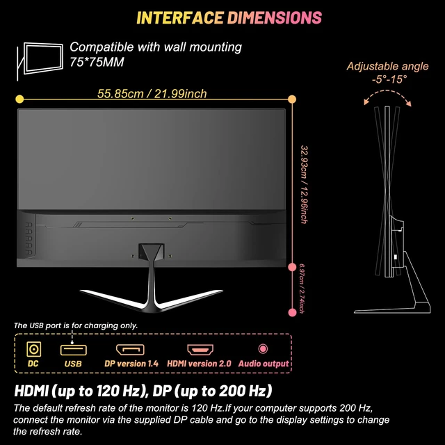 Alt view image 5 of 6 - Gaming Monitor 24.5 Inch, 200Hz Monitor FHD 1080P Frameless IPS Display with Eye Care, DP/HDMI, Wall Mount Compatible - Black