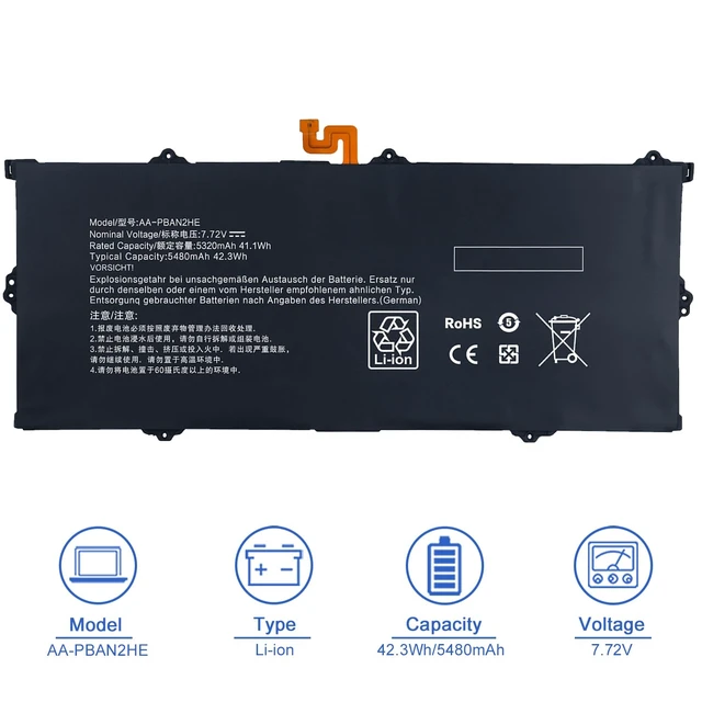 Alt view image 2 of 6 - AA-PBAN2HE 42.3Wh Laptop Battery Compatible with Samsung Galaxy Book Go 340XDA NP340XLA-KA4US NP340XLA-KA12US XE340XDA-KA3US-RB NP340XLA-KA2CA XE340XDA-KA1US XE340XDA-KA3 XE340XDA-ka1it Series