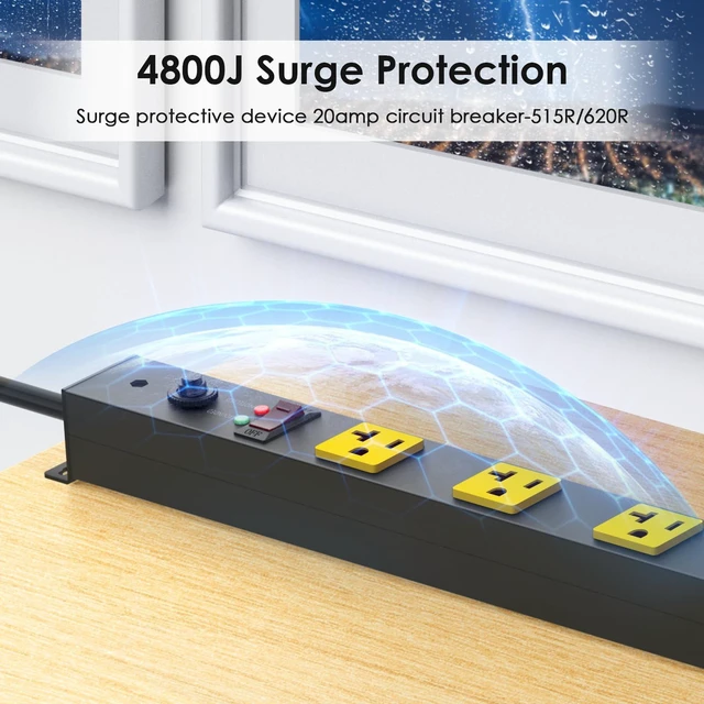Alt view image 5 of 7 - Extra Long Heavy Duty Power Strip, 12 Gauge High Amp, 4FT, Yellow Extension Cord with Wide Spaced Multiple Outlets, Wall Mount for Office, Garage, Workshop. Under Counter Surge Protector