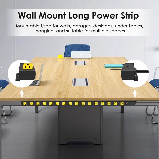Alt view image 7 of 7 - Extra Long Heavy Duty Power Strip, 12 Gauge High Amp, 4FT, Yellow Extension Cord with Wide Spaced Multiple Outlets, Wall Mount for Office, Garage, Workshop. Under Counter Surge Protector
