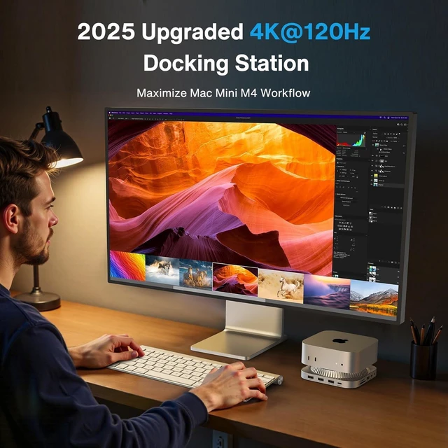 Alt view image 7 of 7 - 13-in-1 Mac mini M4 &M4 Pro Dock 10Gbps USB A*2 +USB C *2, SD/TF 4.0 Docking Station Stand with M.2 NVMe SSD Enclosure,4K@144Hz HDMI Hub, Audio Ports*2, 20W PD Power Adapter*1