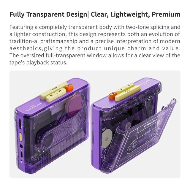 Alt view image 2 of 7 - Portable Cassette Player with Bluetooth Transmitter, Cassette Stereo Player with Type-C Charging, Built-in Battery, Belt Clip, and Earphone Jack for Wireless Music Playback