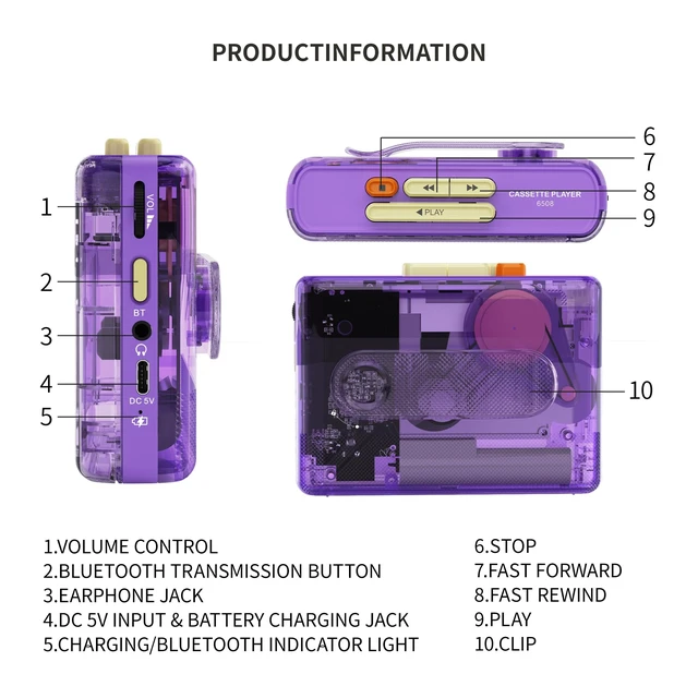 Alt view image 7 of 7 - Portable Cassette Player with Bluetooth Transmitter, Cassette Stereo Player with Type-C Charging, Built-in Battery, Belt Clip, and Earphone Jack for Wireless Music Playback