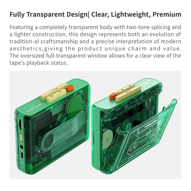Alt view image 2 of 7 - Portable Cassette Player with Bluetooth Transmitter, Cassette Stereo Player with Type-C Charging, Built-in Battery, Belt Clip, and Earphone Jack for Wireless Music Playback