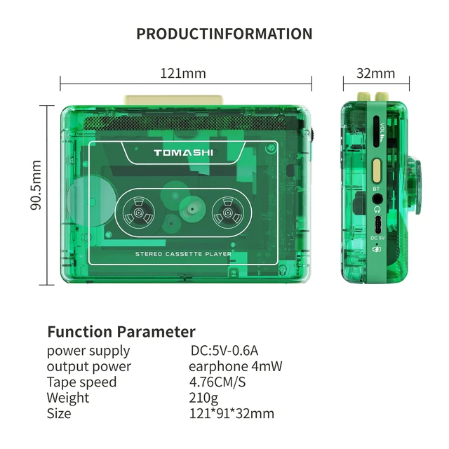 Alt view image 3 of 7 - Portable Cassette Player with Bluetooth Transmitter, Cassette Stereo Player with Type-C Charging, Built-in Battery, Belt Clip, and Earphone Jack for Wireless Music Playback