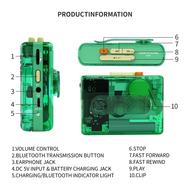 Alt view image 4 of 7 - Portable Cassette Player with Bluetooth Transmitter, Cassette Stereo Player with Type-C Charging, Built-in Battery, Belt Clip, and Earphone Jack for Wireless Music Playback