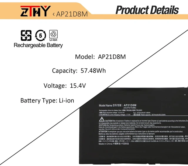 Alt view image 3 of 7 - AP21D8M Laptop Battery Replacement for Acer Nitro 5 AN515-46 AN515-47 AN515-58 AN515-58-56CL AN515-58-766R AN515-58-72QR, Nitro V 15 ANV15-51, Nitro 16 AN16-51 AN16-51-74BV AN16-51-76BS 57.48Wh