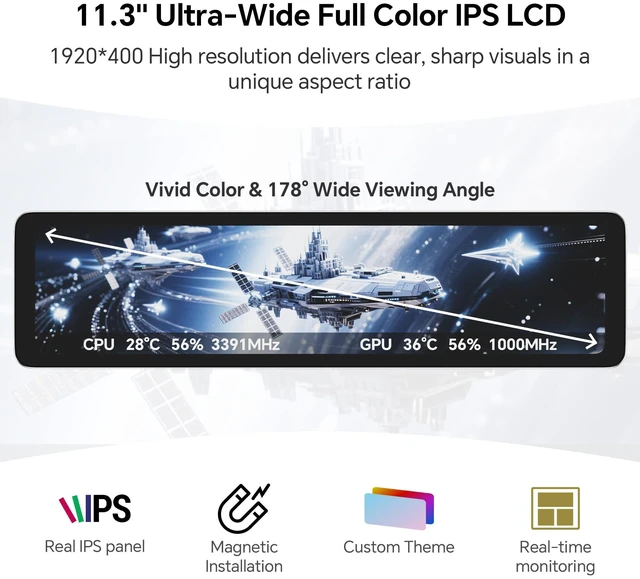 Alt view image 2 of 7 - Trofeo Vision LCD AIO Display 11.3 PC Monitor USB Type-C Screen for Real-Time Hardware Monitoring, with Preset Themes for Gaming PC Case/CPU Cooler
