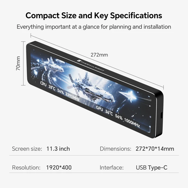 Alt view image 6 of 7 - Trofeo Vision LCD AIO Display 11.3 PC Monitor USB Type-C Screen for Real-Time Hardware Monitoring, with Preset Themes for Gaming PC Case/CPU Cooler