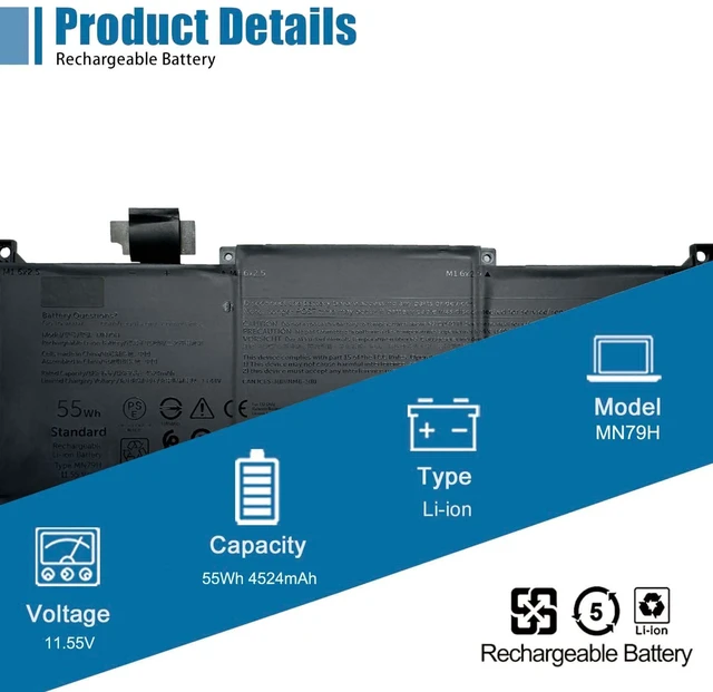 Alt view image 2 of 6 - MN79H Laptop Battery Replacement for Dell XPS 9320 XPS 13 Plus 9320 XPS 13 9340 9345 Series 0NXRKW XPS9320-7523BLK-PUS XPS9320-7585SLV-PUS J7H5M 0J7H5M NXRKW 11.55V 55Wh 4524mAh