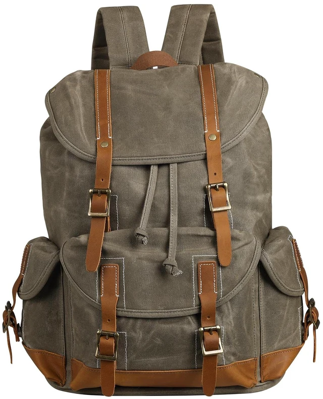 Main image of Heavy-Duty Waxed Canvas Rucksack Backpack Vintage Waxed Canvas Backpack with Leather Trim, Fits Laptop and Essentials for Travel and Daily Carry