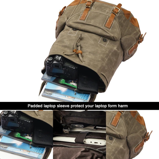 Alt view image 3 of 7 - Heavy-Duty Waxed Canvas Rucksack Backpack Vintage Waxed Canvas Backpack with Leather Trim, Fits Laptop and Essentials for Travel and Daily Carry