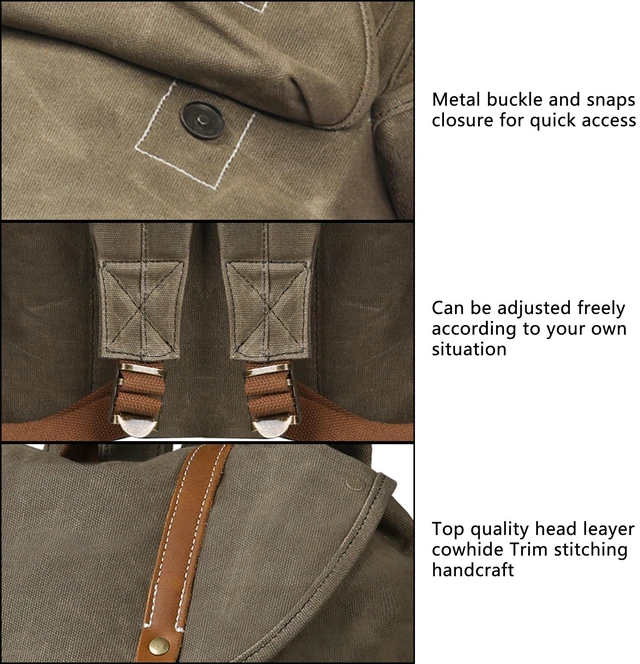 Alt view image 2 of 7 - Heavy-Duty Waxed Canvas Rucksack Backpack Vintage Waxed Canvas Backpack with Leather Trim, Fits Laptop and Essentials for Travel and Daily Carry