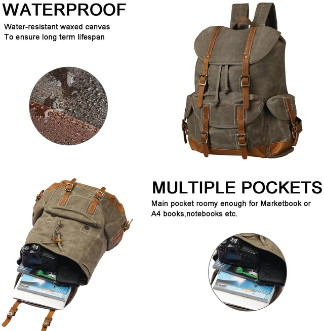 Alt view image 4 of 7 - Heavy-Duty Waxed Canvas Rucksack Backpack Vintage Waxed Canvas Backpack with Leather Trim, Fits Laptop and Essentials for Travel and Daily Carry
