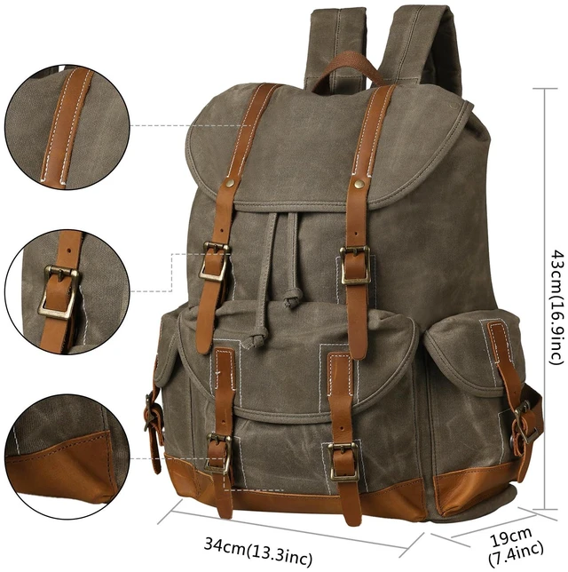 Alt view image 5 of 7 - Heavy-Duty Waxed Canvas Rucksack Backpack Vintage Waxed Canvas Backpack with Leather Trim, Fits Laptop and Essentials for Travel and Daily Carry