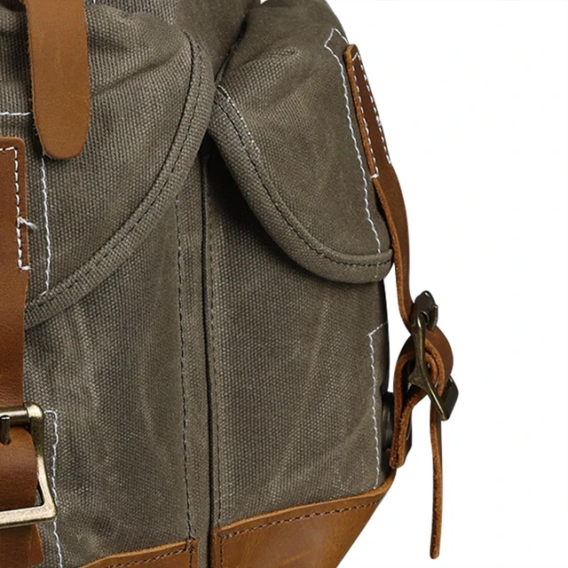 Alt view image 6 of 7 - Heavy-Duty Waxed Canvas Rucksack Backpack Vintage Waxed Canvas Backpack with Leather Trim, Fits Laptop and Essentials for Travel and Daily Carry