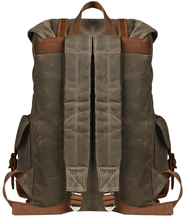 Alt view image 7 of 7 - Heavy-Duty Waxed Canvas Rucksack Backpack Vintage Waxed Canvas Backpack with Leather Trim, Fits Laptop and Essentials for Travel and Daily Carry