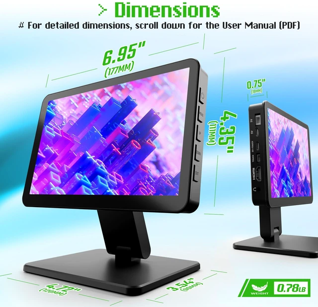 Alt view image 7 of 7 - 7-inch Mini Monitor with Touchscreen for Raspberry Pi, Computer, SBC Portable Small Computer Monitor, 5-Points Capacitive Touch 1024 x 600 IPS LCD HDMI Display for Mac mini,Home Assistant