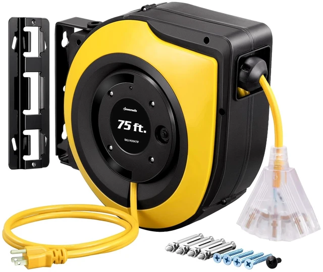 Main image of 75FT Electric Cord Reel14/3C SJTOW Cord Reel, UL Listed,Yellow Retractable Cord Reel, 10A Circuit Breaker, Ceiling/Wall Mount, 180° Swivel Bracket for Garage, Workshop