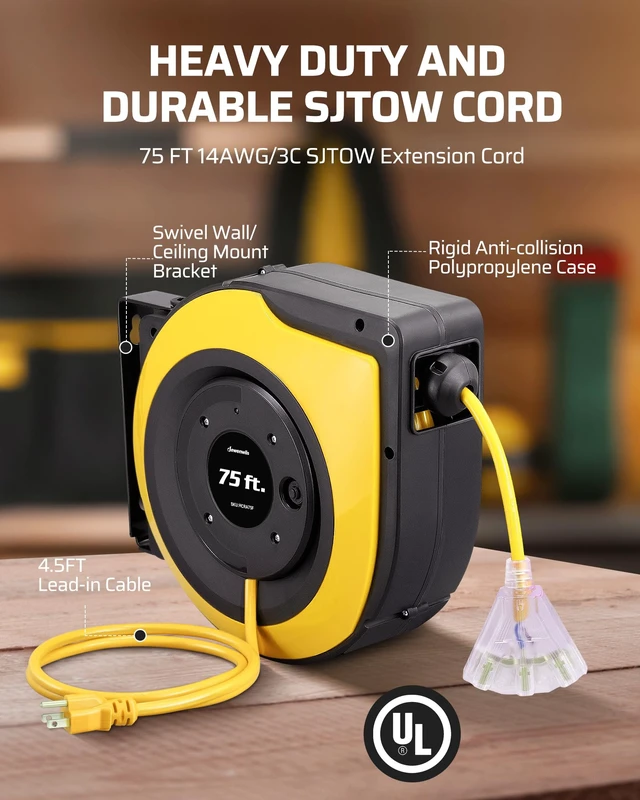Alt view image 3 of 7 - 75FT Electric Cord Reel14/3C SJTOW Cord Reel, UL Listed,Yellow Retractable Cord Reel, 10A Circuit Breaker, Ceiling/Wall Mount, 180° Swivel Bracket for Garage, Workshop