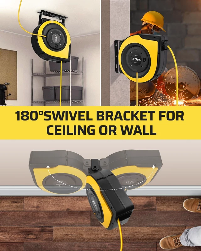 Alt view image 5 of 7 - 75FT Electric Cord Reel14/3C SJTOW Cord Reel, UL Listed,Yellow Retractable Cord Reel, 10A Circuit Breaker, Ceiling/Wall Mount, 180° Swivel Bracket for Garage, Workshop