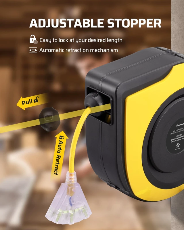Alt view image 4 of 7 - 75FT Electric Cord Reel14/3C SJTOW Cord Reel, UL Listed,Yellow Retractable Cord Reel, 10A Circuit Breaker, Ceiling/Wall Mount, 180° Swivel Bracket for Garage, Workshop