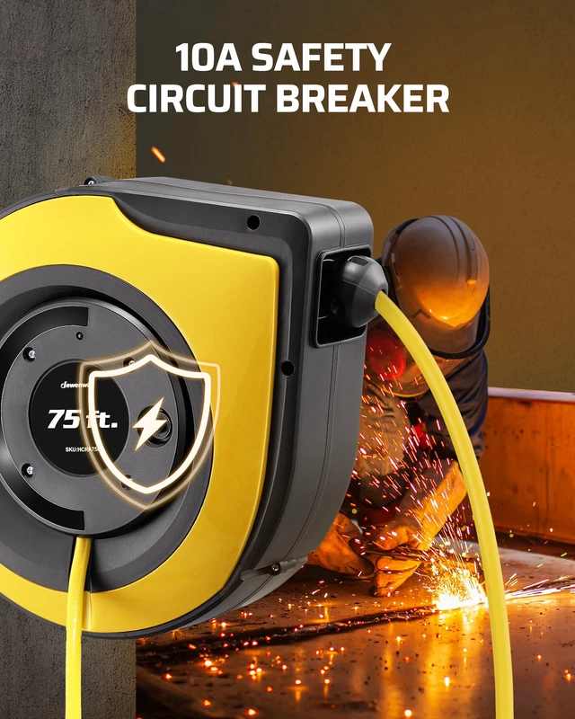 Alt view image 6 of 7 - 75FT Electric Cord Reel14/3C SJTOW Cord Reel, UL Listed,Yellow Retractable Cord Reel, 10A Circuit Breaker, Ceiling/Wall Mount, 180° Swivel Bracket for Garage, Workshop