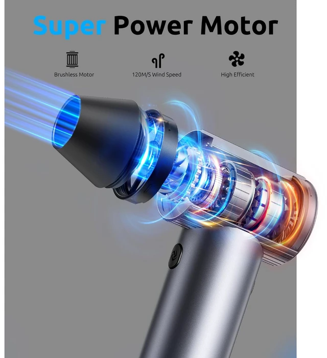Alt view image 2 of 7 - Full-Metal Jet Dry Mini Blower 300,000 RPM Electric Air Duster Rechargeable Compressed Air Blower High-Power Air Duster with 3 Speeds & 4 Nozzles for Keyboards, Car and Outdoors Cleaning