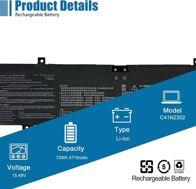 Alt view image 2 of 6 - C41N2302 Laptop Battery Replacement for Asus TUF Gaming A14 FA401WV ROG Zephyrus G14 GA403 GA403UP GA403WW Series 0B200-04460000 15.48V 73Wh 4716mAh