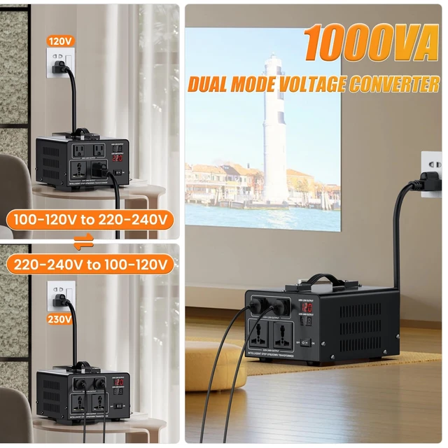 Alt view image 2 of 7 - 1000W Voltage Converter Transformer Step Up 110V/120V to220V/240V or Step Down 220V to 110V AC Power Converte, Circuit Breaker Protection, 2 US sockets, 2 Universal sockets, LCD Display