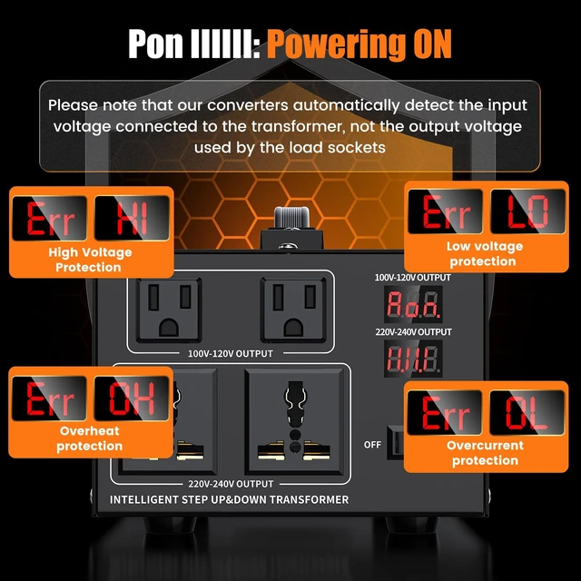 Alt view image 4 of 7 - 1000W Voltage Converter Transformer Step Up 110V/120V to220V/240V or Step Down 220V to 110V AC Power Converte, Circuit Breaker Protection, 2 US sockets, 2 Universal sockets, LCD Display
