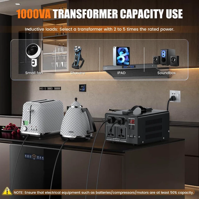 Alt view image 6 of 7 - 1000W Voltage Converter Transformer Step Up 110V/120V to220V/240V or Step Down 220V to 110V AC Power Converte, Circuit Breaker Protection, 2 US sockets, 2 Universal sockets, LCD Display