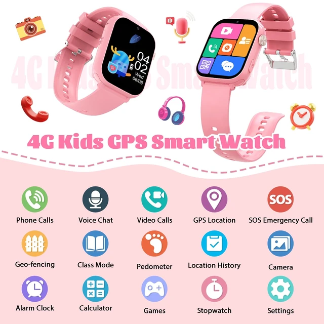 Alt view image 2 of 7 - 4G Kids Smart Watch for Boys Girls with GPS Tracker, SOS, Two Way Call Video Calling Voice Chat,School Mode, Alarm Clock,Safe Zones,Pedometer,Stopwatch,Games Children Smartwatch for 4-12 (4G Pink)