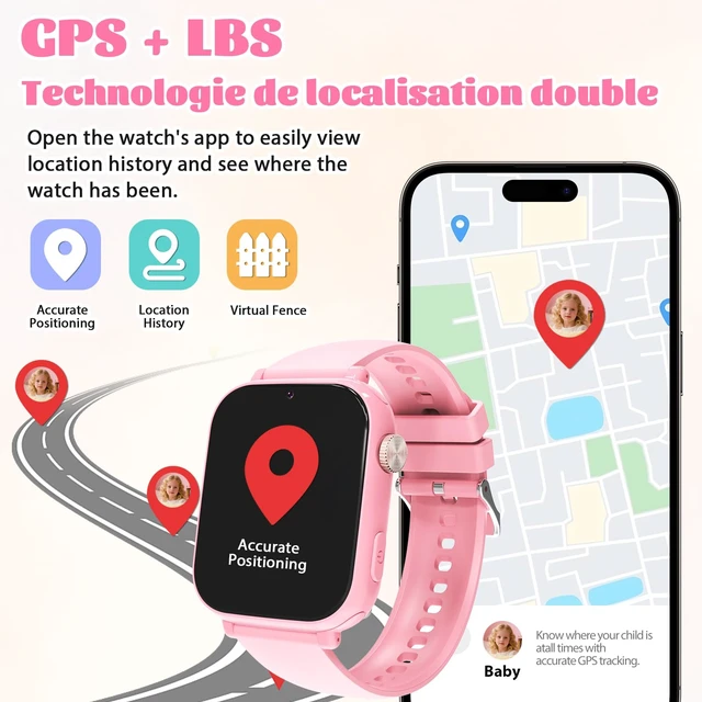 Alt view image 3 of 7 - 4G Kids Smart Watch for Boys Girls with GPS Tracker, SOS, Two Way Call Video Calling Voice Chat,School Mode, Alarm Clock,Safe Zones,Pedometer,Stopwatch,Games Children Smartwatch for 4-12 (4G Pink)