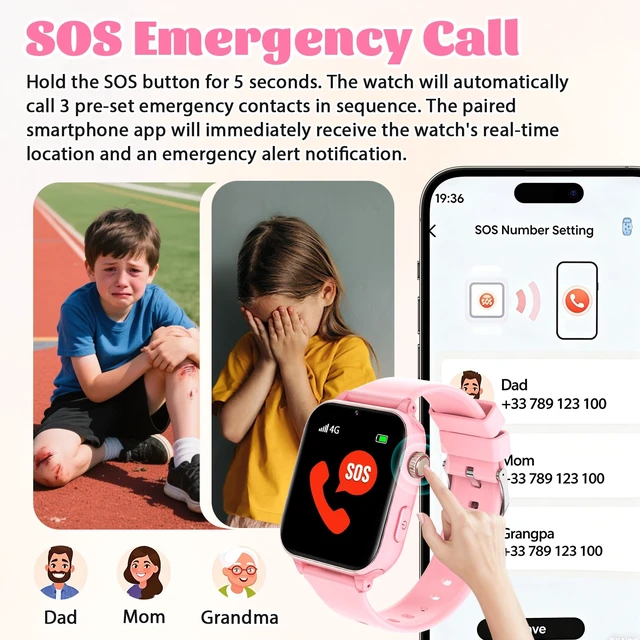 Alt view image 4 of 7 - 4G Kids Smart Watch for Boys Girls with GPS Tracker, SOS, Two Way Call Video Calling Voice Chat,School Mode, Alarm Clock,Safe Zones,Pedometer,Stopwatch,Games Children Smartwatch for 4-12 (4G Pink)