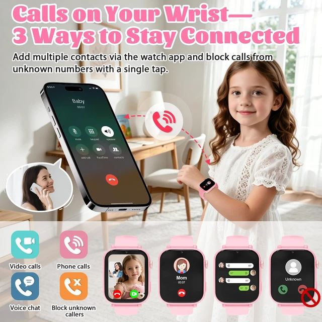 Alt view image 5 of 7 - 4G Kids Smart Watch for Boys Girls with GPS Tracker, SOS, Two Way Call Video Calling Voice Chat,School Mode, Alarm Clock,Safe Zones,Pedometer,Stopwatch,Games Children Smartwatch for 4-12 (4G Pink)