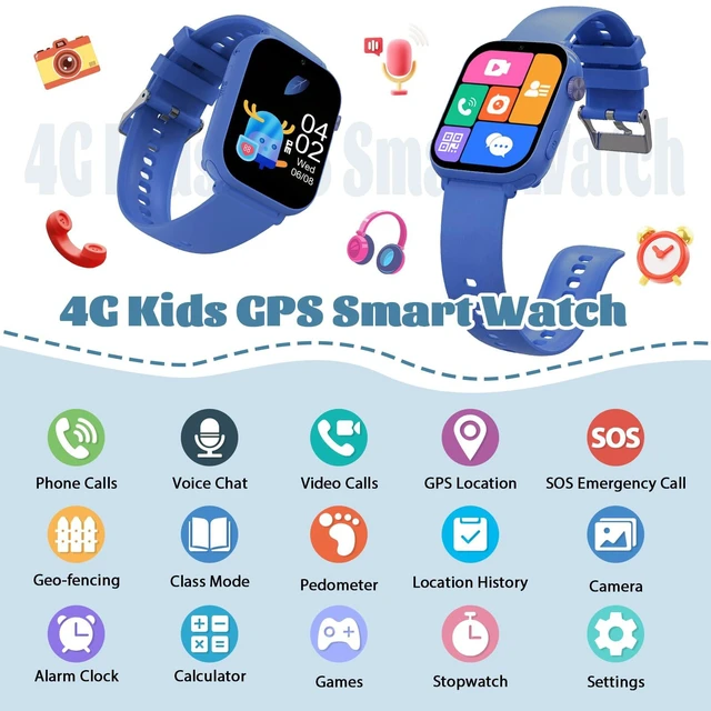 Alt view image 2 of 7 - 4G Kids Smart Watch for Boys Girls with GPS Tracker, SOS, Two Way Call Video Calling Voice Chat,School Mode, Alarm Clock,Safe Zones,Pedometer,Stopwatch,Games Children Smartwatch for 4-12 (4G Blue)