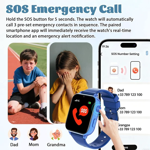 Alt view image 4 of 7 - 4G Kids Smart Watch for Boys Girls with GPS Tracker, SOS, Two Way Call Video Calling Voice Chat,School Mode, Alarm Clock,Safe Zones,Pedometer,Stopwatch,Games Children Smartwatch for 4-12 (4G Blue)