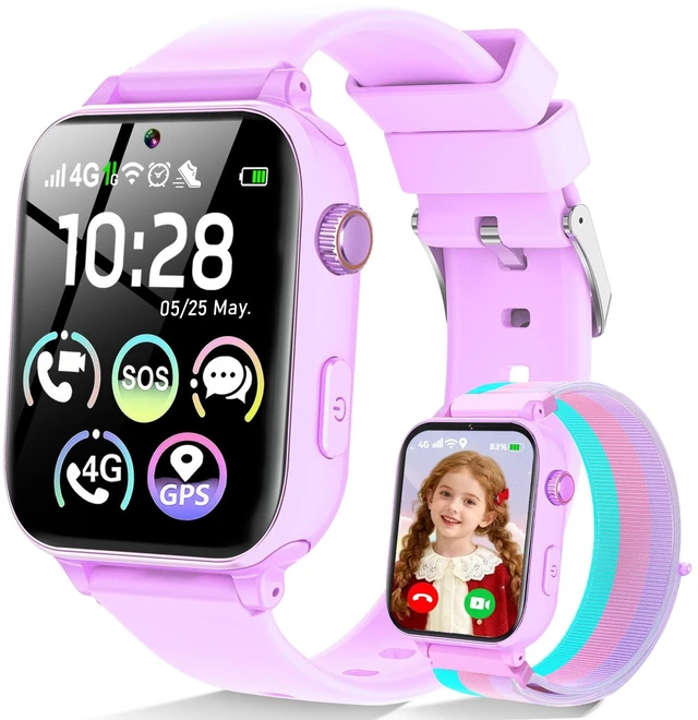 Main image of 4G Kids Smart Watch for Boys Girls with GPS Tracker, SOS, Two Way Call Video Calling Voice Chat,School Mode, Alarm Clock,Safe Zones,Pedometer,Stopwatch,Games Children Smartwatch for 4-12 (4G Purple)
