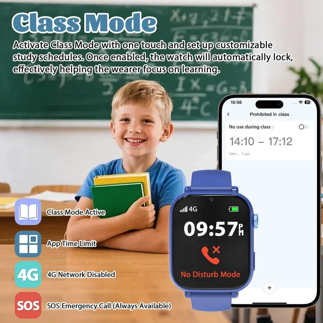 Alt view image 6 of 7 - 4G Kids Smart Watch for Boys Girls with GPS Tracker, SOS, Two Way Call Video Calling Voice Chat,School Mode, Alarm Clock,Safe Zones,Pedometer,Stopwatch,Games Children Smartwatch for 4-12 (4G Blue)