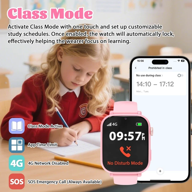 Alt view image 6 of 7 - 4G Kids Smart Watch for Boys Girls with GPS Tracker, SOS, Two Way Call Video Calling Voice Chat,School Mode, Alarm Clock,Safe Zones,Pedometer,Stopwatch,Games Children Smartwatch for 4-12 (4G Pink)