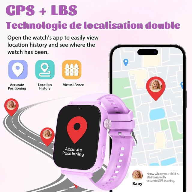 Alt view image 3 of 7 - 4G Kids Smart Watch for Boys Girls with GPS Tracker, SOS, Two Way Call Video Calling Voice Chat,School Mode, Alarm Clock,Safe Zones,Pedometer,Stopwatch,Games Children Smartwatch for 4-12 (4G Purple)
