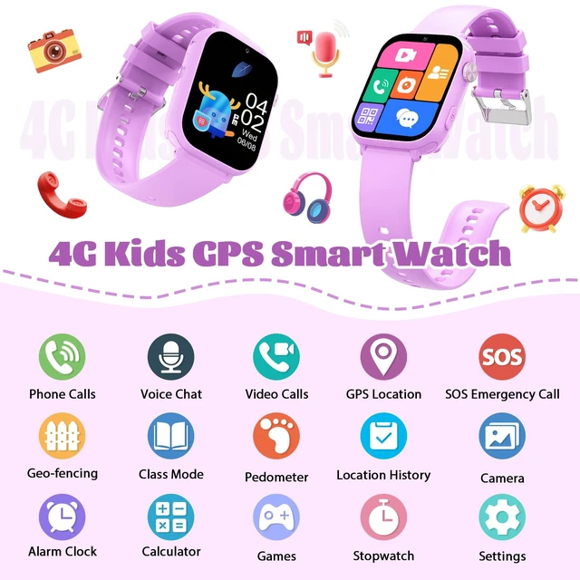 Alt view image 2 of 7 - 4G Kids Smart Watch for Boys Girls with GPS Tracker, SOS, Two Way Call Video Calling Voice Chat,School Mode, Alarm Clock,Safe Zones,Pedometer,Stopwatch,Games Children Smartwatch for 4-12 (4G Purple)