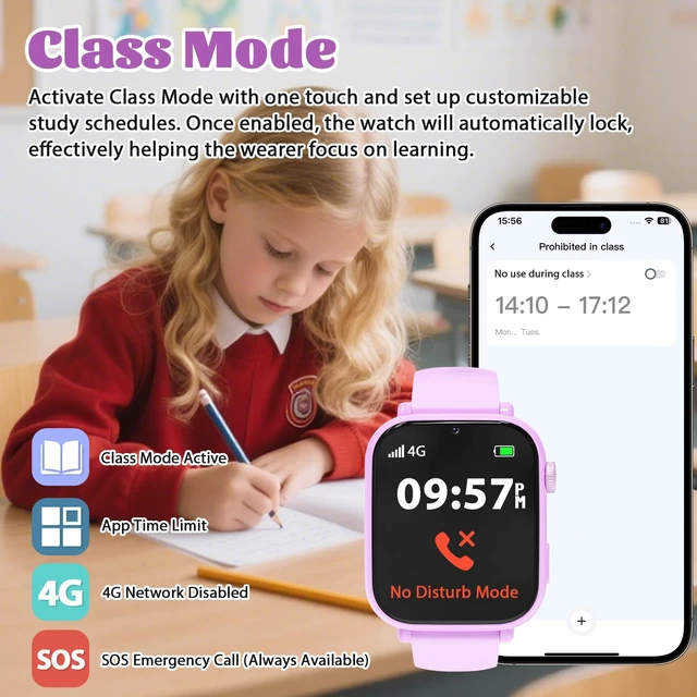 Alt view image 6 of 7 - 4G Kids Smart Watch for Boys Girls with GPS Tracker, SOS, Two Way Call Video Calling Voice Chat,School Mode, Alarm Clock,Safe Zones,Pedometer,Stopwatch,Games Children Smartwatch for 4-12 (4G Purple)