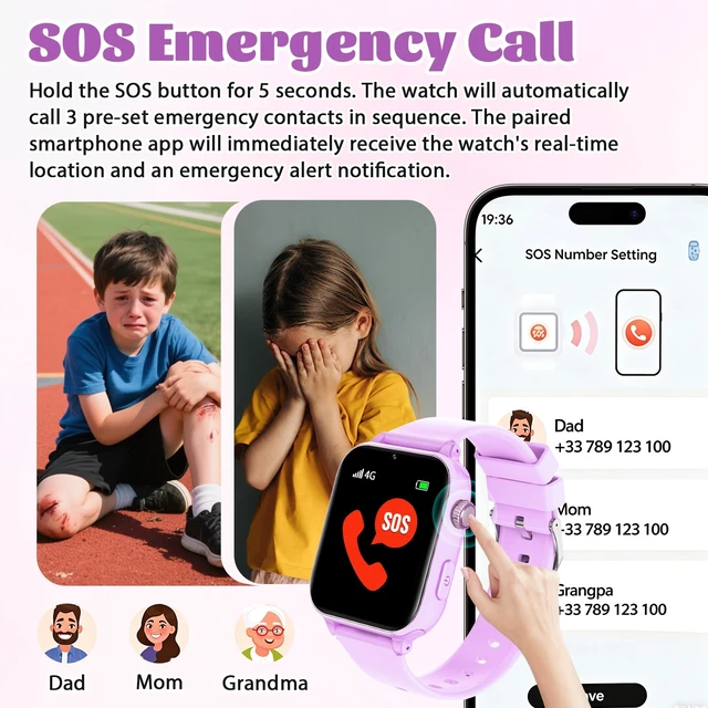 Alt view image 4 of 7 - 4G Kids Smart Watch for Boys Girls with GPS Tracker, SOS, Two Way Call Video Calling Voice Chat,School Mode, Alarm Clock,Safe Zones,Pedometer,Stopwatch,Games Children Smartwatch for 4-12 (4G Purple)