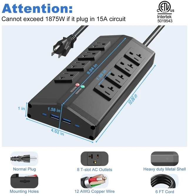 Alt view image 7 of 7 - Heavy Duty Power Strip with 8 Outlets and 4 USB Ports, 15 FT, Black Metal Wall Mount Surge Protector, 20 Amp 12 Gauge Extension Cord for Garage, Industrial, Shop, High Amp, ETL Listed