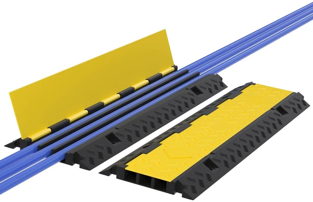 Main image of 2 Packs 3-Channel Rubber Cable Protector Cover Ramp & Speed Bump 22000 Lbs Capacity,Industrial-grade Rubber,Flip-Open Lid,Modular Interlocking Design,Protect Cable & Control Traffic Speed