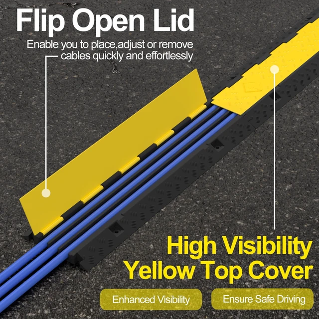 Alt view image 4 of 7 - 2 Packs 3-Channel Rubber Cable Protector Cover Ramp & Speed Bump 22000 Lbs Capacity,Industrial-grade Rubber,Flip-Open Lid,Modular Interlocking Design,Protect Cable & Control Traffic Speed