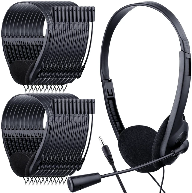 Main image of 30 Pack Classroom Headphones with Mic, Black, Plastic Stem School Student Headphones Bulk Class Set Lightweight Adjustable Earphones with Microphone on Ear with 3.5 mm Jack
